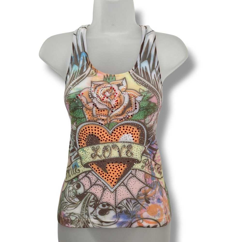 M USA Racerback Tank Top Rhinestone‎ Heart Rose Tattoo Print Fairy Whimsy Y2K